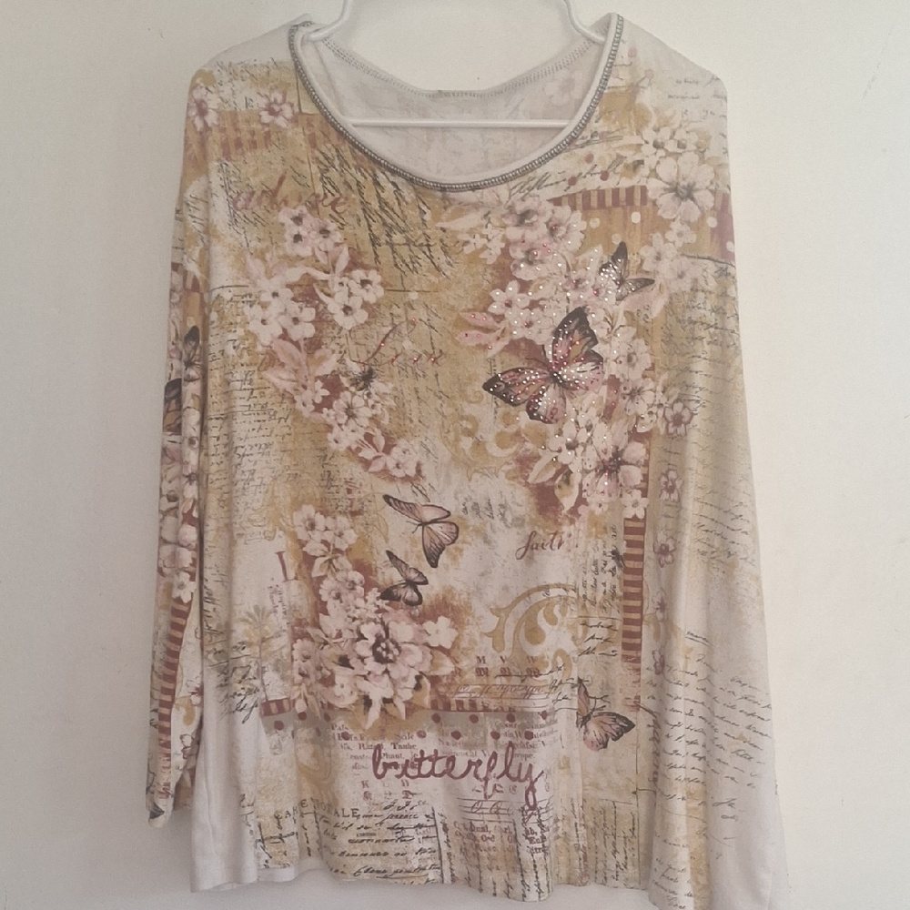 Cactus Cream and Tan Floral Butterfly Blouse